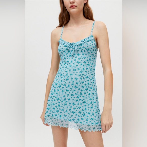 NWT Urban Outfitters Floral Mesh Ruffle Mini Dress - Picture 7 of 7
